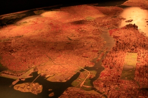 Queens and Manhattan in Robert Moses' and Raymond Lester's Panorama of the City of New York.