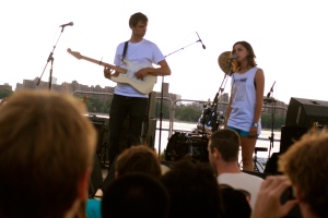The Dirty Projectors performing their opening song at the Pool Parties on the Williamsburg waterfront. 